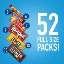 52 full-size bars candy bar variety pack with Skittles, Snickers, M&Ms, Twix