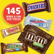 Chocolate variety pack candies: Snickers minis, 3 Musketeers, Milky Way, M&M’s, Twix