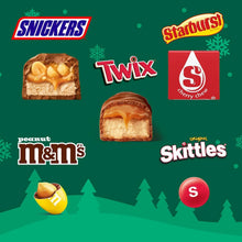 Christmas candy variety graphic with Snickers, Twix, Starburst, M&Ms, Skittles
