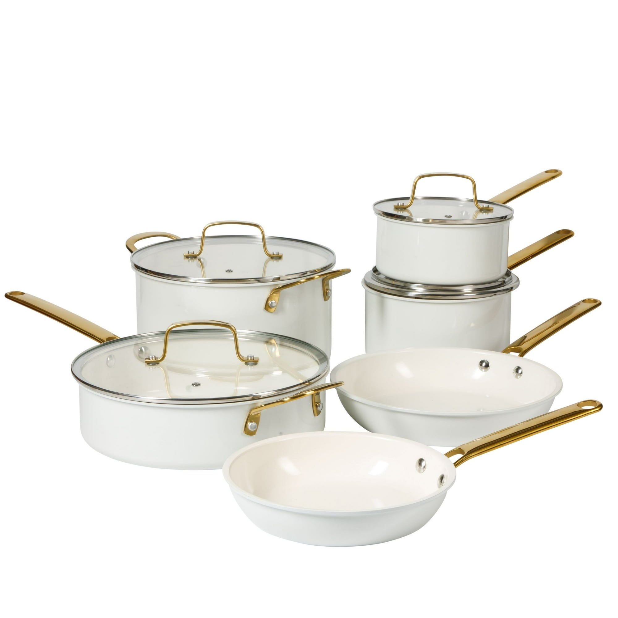 Martha Stewart 10-Piece Nonstick Pots and Pans Cookware Set with Gold Handles, Taupe