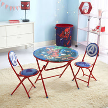 Marvel Avengers printed round table with two red folding chairs, blue shield seat graphics