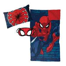 Spiderman sleepover blanket set with pillow and red eye mask, blue and red graphic