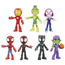 Marvel Spidey hero figure set showing eight standing characters in different suits