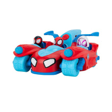 Three connected Spidey racer vehicles, red and light-blue bodies with web-eye decals