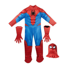 Spider-Man kids costume set with hooded jumpsuit, gloves, and separate hooded mask