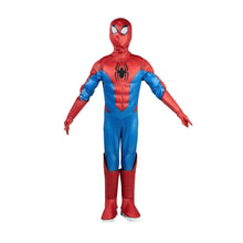 Spider-Man kids bodysuit costume with red mask hood and blue torso panels