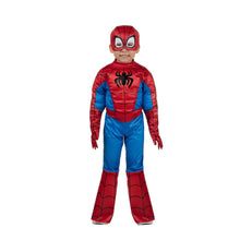 Spider-Man toddler full-body costume with red hood and blue web pattern