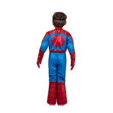 Spider-Man toddler costume back view with red webbed hood and blue jumpsuit