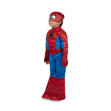 Spider-Man toddler costume side view with red webbed mask and blue torso
