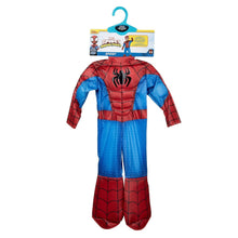 Spider-Man toddler costume set on hanger, red web-print hooded jumpsuit