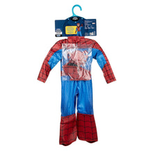 Spider-Man toddler costume on hanger with red web print and blue pants