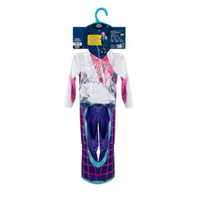 Back view of toddler spider costume on hanger with hooded white and navy suit