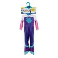 Spider-themed toddler costume on hanger: hooded navy jumpsuit with teal and pink web print