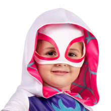 Toddler wearing spider eye mask with hooded white and pink face covering