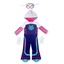 Toddler spider costume set with hooded jumpsuit, pink web sleeves, and matching eye mask