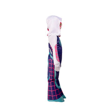 Toddler spider costume side profile with white hood, navy pants, pink web and teal details