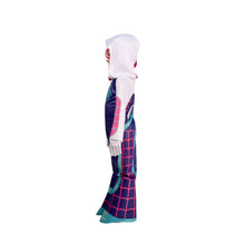 Side view of toddler spider costume with white hood, navy bodysuit, pink and teal web design