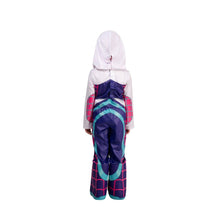 Back view of toddler hooded spider costume in white hood over navy suit with web print