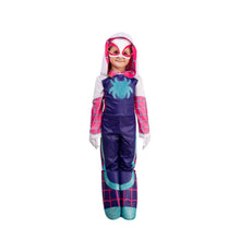 Toddler spider-themed deluxe costume with hood, pink accents, navy full-body jumpsuit