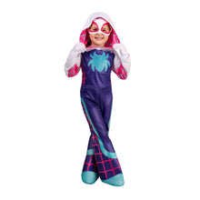 Toddler hooded spider-themed deluxe costume with pink mask, navy jumpsuit, web print