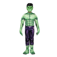 Kids Incredible Hulk deluxe jumpsuit costume in green with purple pants and muscle details