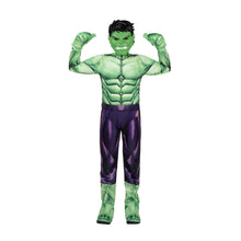 Kids Incredible Hulk deluxe costume with green muscle-print jumpsuit and purple pants