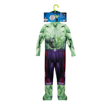 Kids deluxe Hulk jumpsuit costume, green hooded zip suit with purple muscle print