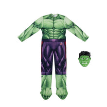 Incredible Hulk kids costume set with green muscle jumpsuit, purple pants, and face mask