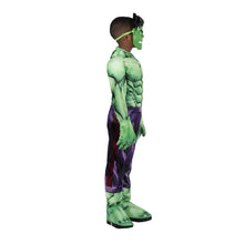 Kids Incredible Hulk deluxe costume, profile view with green muscles and purple patterned pants