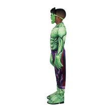 Kids Incredible Hulk deluxe costume, side view with green top and purple printed pants