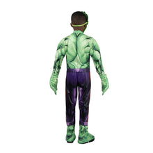 Kids Incredible Hulk deluxe costume, back view with green muscle-print and purple pants