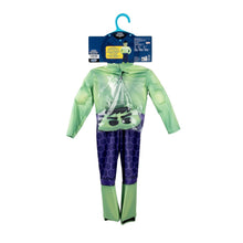 Toddler Hulk-style costume back on hanger: light green padded top, purple hex-pattern pants