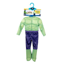Toddler Hulk-style costume on hanger: light green padded top with purple hex-pattern pants