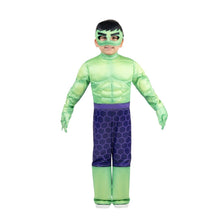 Toddler Hulk deluxe costume, green muscle jumpsuit with purple hex-pattern pants and mask