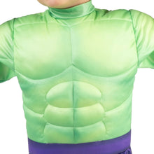 Close-up of Hulk-style padded torso and high-neck collar in light green costume