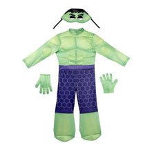 Hulk toddler costume pieces: green face mask, gloves, padded top, purple hex-pattern pants