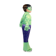 Toddler Hulk-style costume other side view: light green padded top, purple hex-pattern pants
