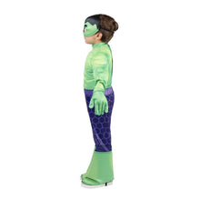 Toddler Hulk-style costume side view: light green padded top, purple hex-pattern pants, mask