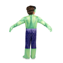 Toddler Hulk-style costume back view: light green padded top, purple hex-pattern pants