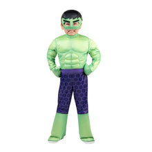 Toddler Hulk-style costume: light green padded jumpsuit, purple hex pants, green eye mask