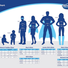 Costume size chart showing toddler, boys, and girls measurements