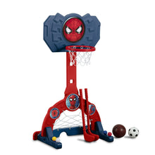 Red-and-blue Spider-Man basketball hoop with backboard and hanging net