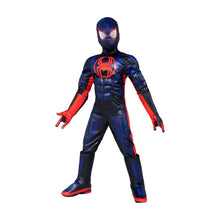 Kids Spider-themed deluxe costume: hooded mask, blue-black suit, red web emblem, red gloves