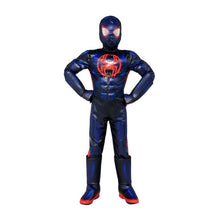 Kids Spider-themed deluxe costume with hooded mask, blue-black suit, red emblem, full jumpsuit