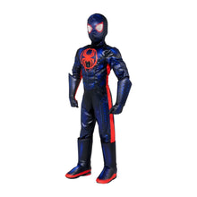 Kids Spider-themed deluxe costume, hooded mask and blue-black jumpsuit with red side accents