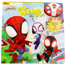 Children's board book cover with Spidey and friends, bright web-themed graphics
