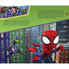 Kids’ storybook page with red-and-blue Spidey swinging over city illustration
