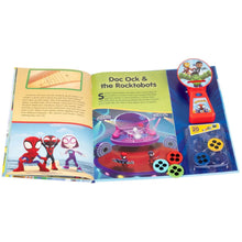 Open hardcover storybook with Spidey illustrations and slide disk accessory set