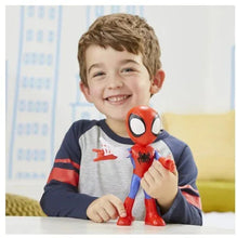 Spidey action figure standing, red mask and blue suit with black spider emblem