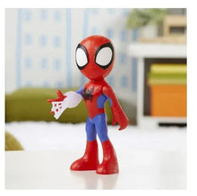 Spidey action figure standing with arm extended, red mask and blue suit with black spider emblem